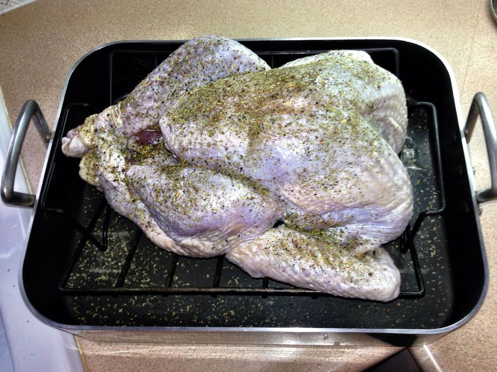 Season the bird with whatever you like but don't use any seasoning containing salt. Having brined the bird, it will be salty enough without having the need to add any further salt.