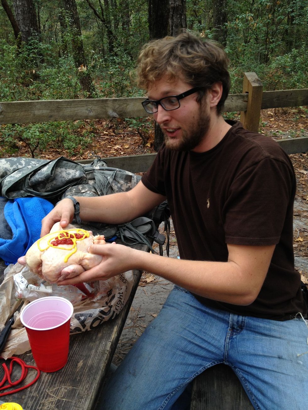 Season the chicken ( all I had was ketchup and mustard)