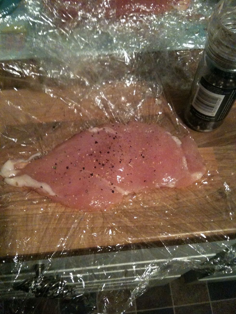 Season the chicken breast (again with whatever you like)  P.s. this is now a chicken escalope = new kitchen skills! :D
