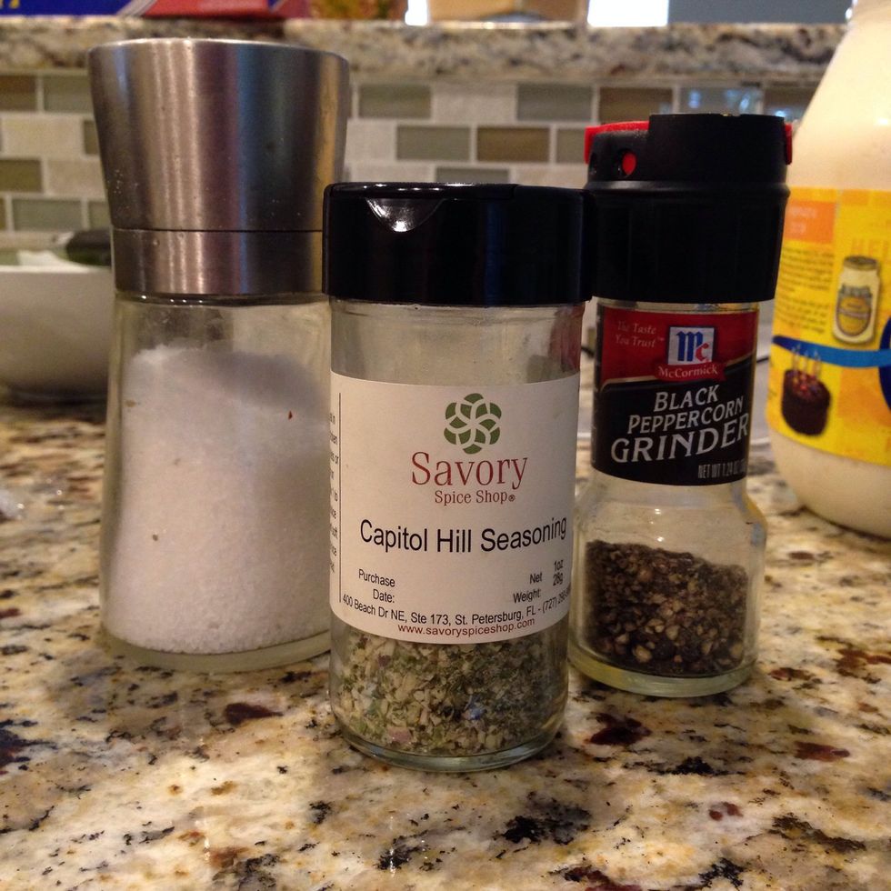 Season the chicken salad with salt, pepper and Capitol Hill Seasoning (or your favorite spice blend, ex. Curry or Jerk) to taste. Capitol Hill Seasoning is shallots, dill, parsley and chives.
