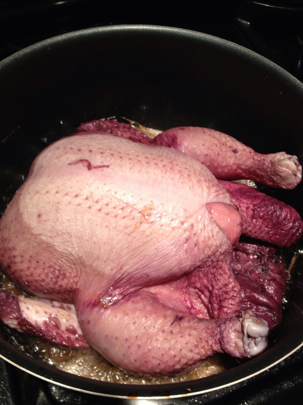 Season the chicken with salt and pepper. Then we need to sear the chicken. Brown it on all sides.