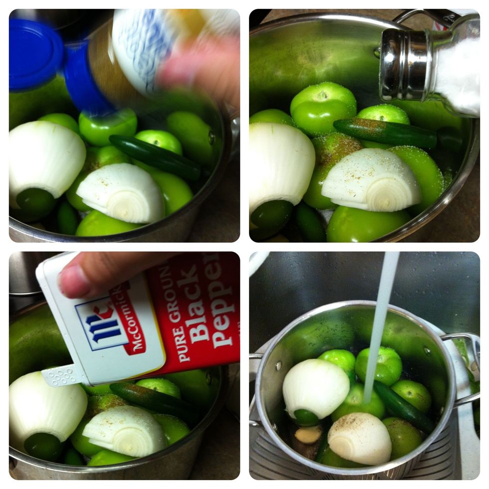 Season to your heart's desire! Cumin, black pepper, and salt. Fill pan with water.