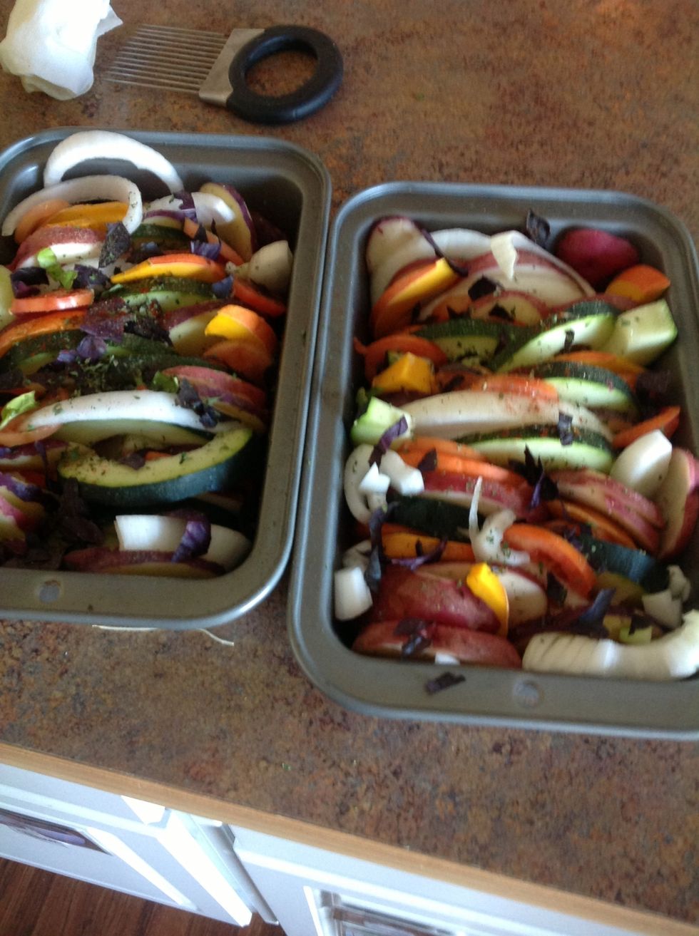 Season vegetables with salt, pepper, basil, and parsley.