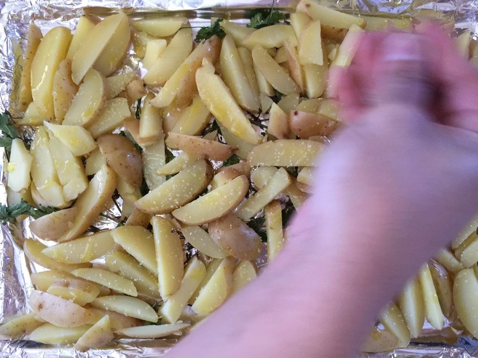 Season your fries with salt and pepper.