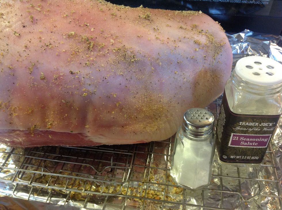 Season your roast on all sides with spices of your choice. I used salt & Trader Joe's 21 Seasoning Salute. Put in the oven (uncovered) & roast for eight hours at 250 degrees.