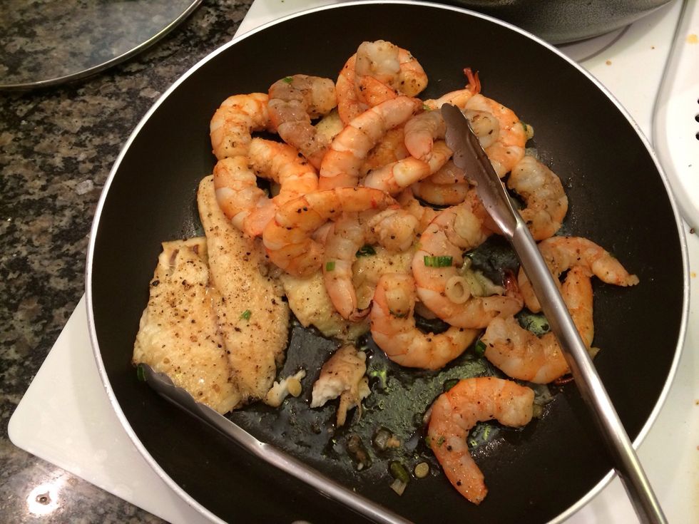 season your shrimp with garlic salt , pepper and saute. for abt 3 min( will finish in the oven)
