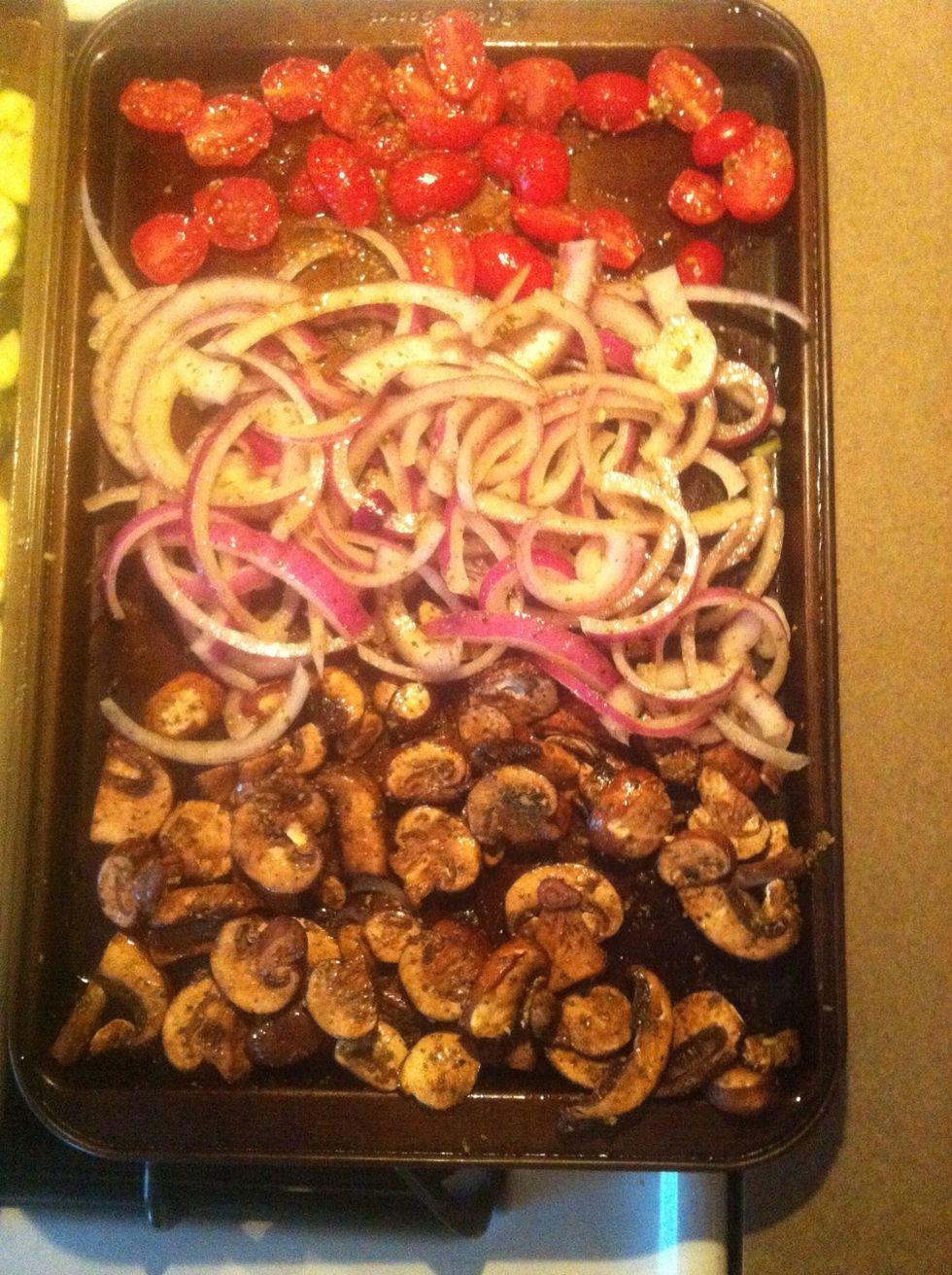 Season your vegetables with some salt and pepper. Drizzle with olive oil and mix. I also added a little bit of my pesto to the vegetables. You can also add some garlic, herbs or any other seasonings.