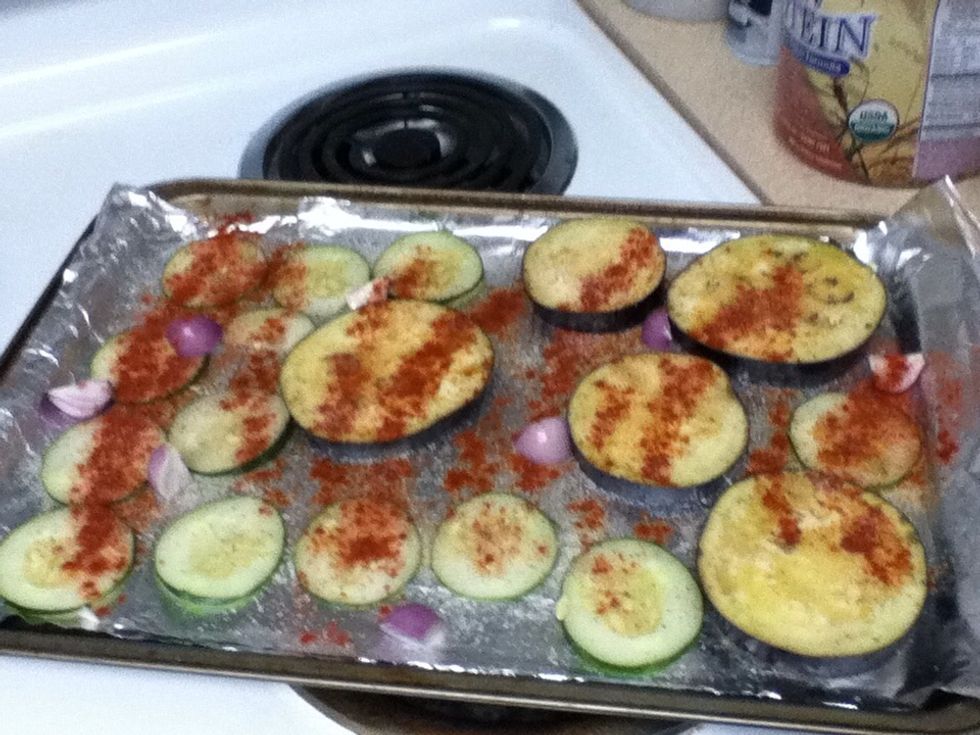 Seasoned with paprika grape seed oil and garlic salt. Set oven to 350