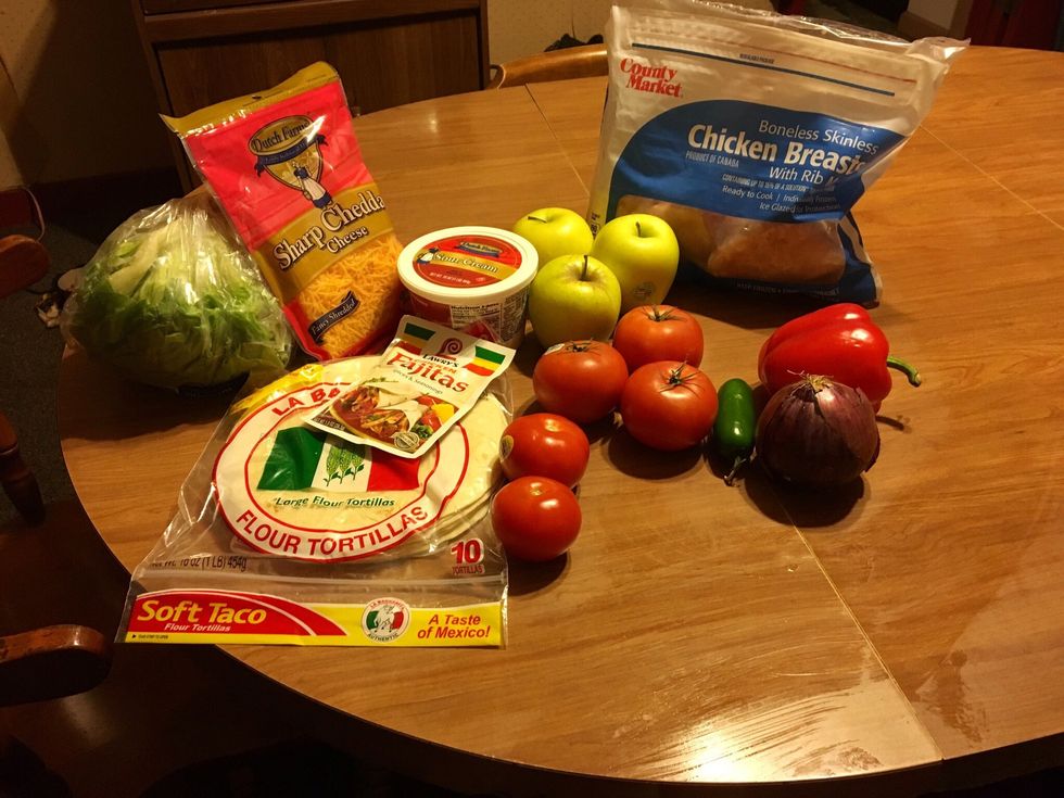 Seasoning:$.99 Chicken:$6.98~$1.16~$4.64 Tomatoes:$2.13 Shells:$2~$.20~$.80 Lettuce:$2.19~$.21 Sour cream:$1.69~$.11~$.44 Cheese:$1.65~$.21~$.84 Apples:$2.41 Sugar:$1.19~$.13
