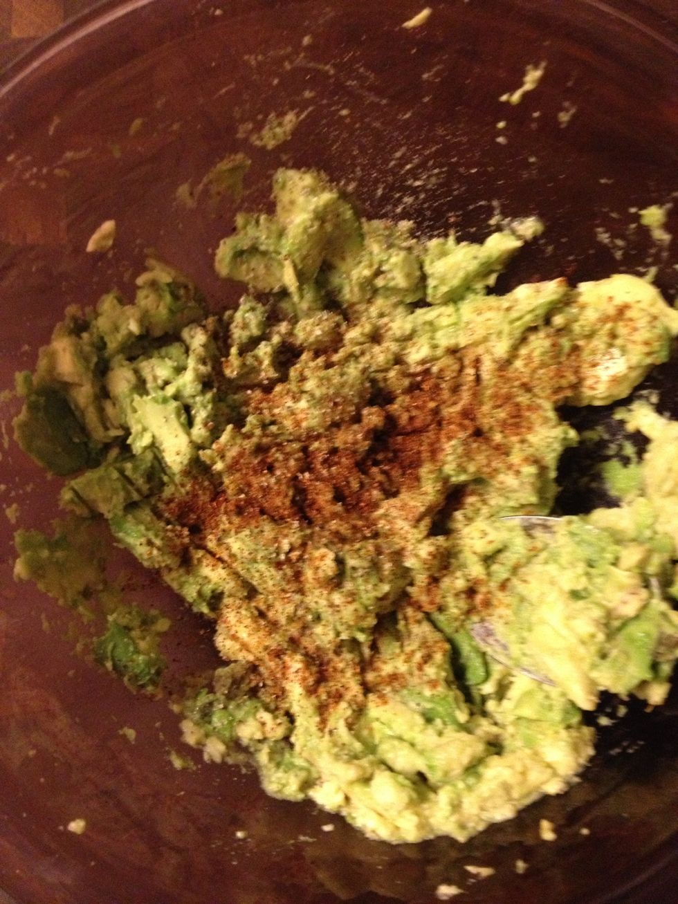 SEASONING! Add 10-15 grinds of black pepper and 5-10 of salt. Also add cayenne and chilli powder to taste. When you think it's spicy enough, it is! And mix.