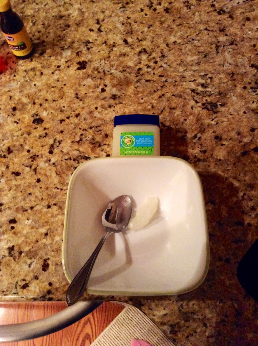 Second, add about 3 teaspoons of melted petroleum jelly to the mix. I found that microwaving it for about 30 seconds worked with out turning it into fully liquid. You want the jelly to be very creamy.