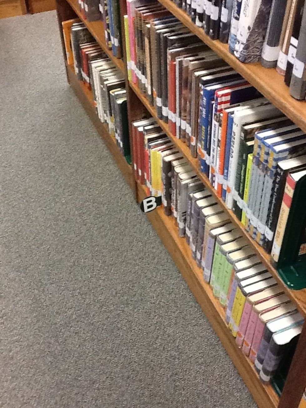 Second, go to the section of the library where the first letter on the white label is located. In this case, the Bs,...