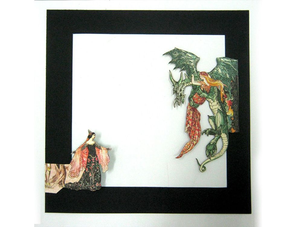 Second layer: Cut dragon from Enchanted Forest paper and attach to right side of frame. Cut black princess from Dazzling Damsel paper and attach to bottom left side of frame.