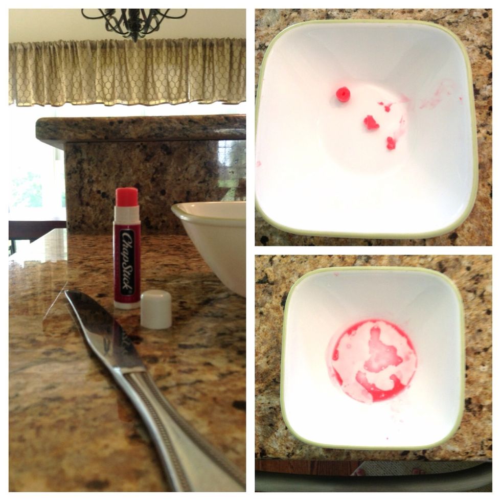 Second, melt your Chapstick. Add the slightest bit of water to the Chapstick and put it in the microwave for about 10 seconds at a time, until its melted.