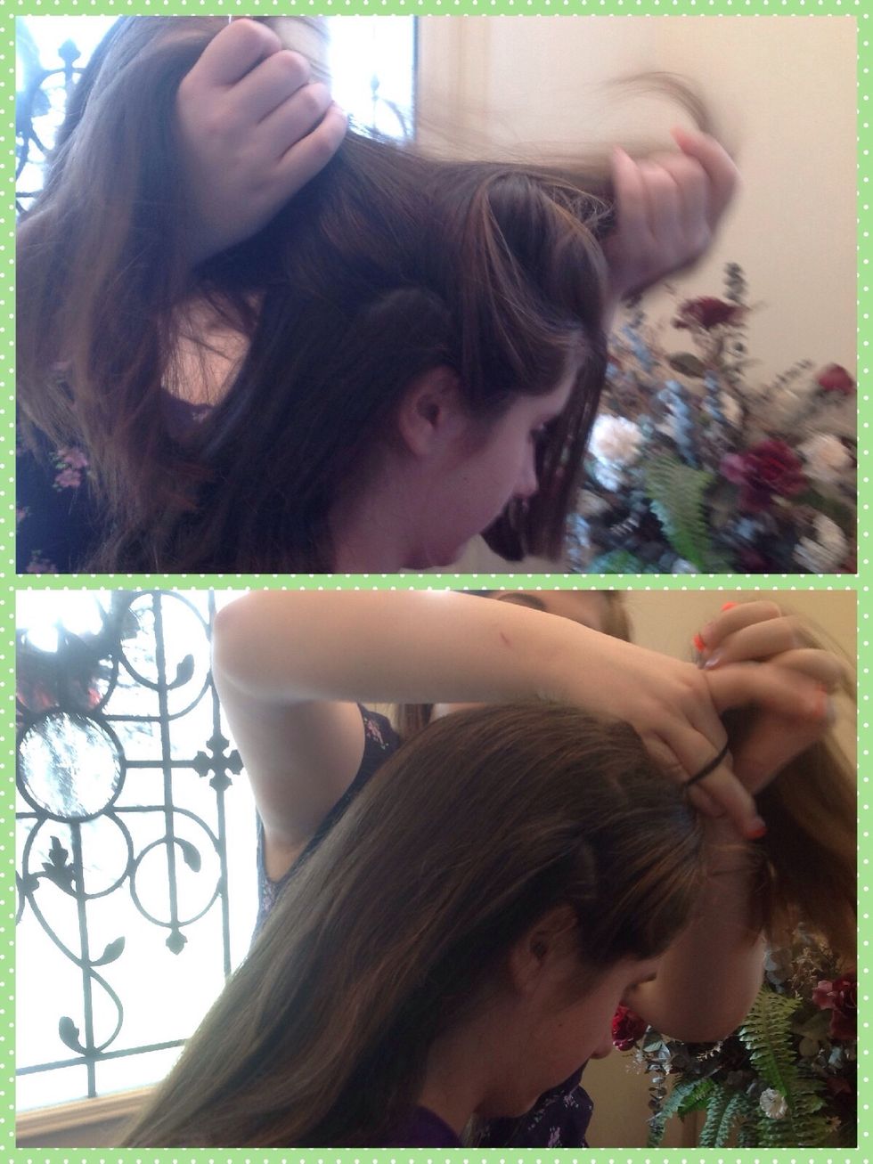 Second Section: Take out the bun on top of the head and carefully split it in half. Tie the top half of the hair up into another bun on top of the head.