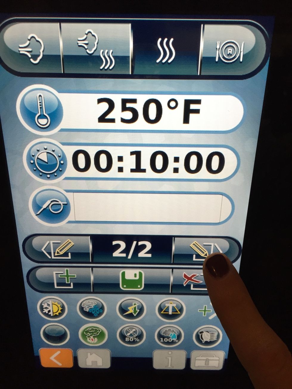 Second step: conv. mode - 250F (121C)- 10 min. - smoker ON. (Select next).