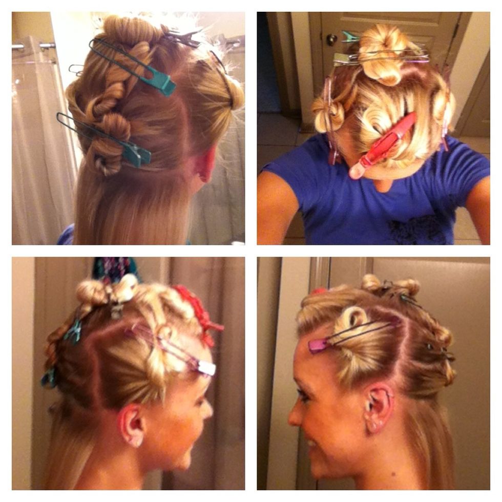 Section hair with clips. When sectioning hair you'll start at the top and work your way down and back. When curling your hair you'll start at the bottom and work your way up and to the sides.