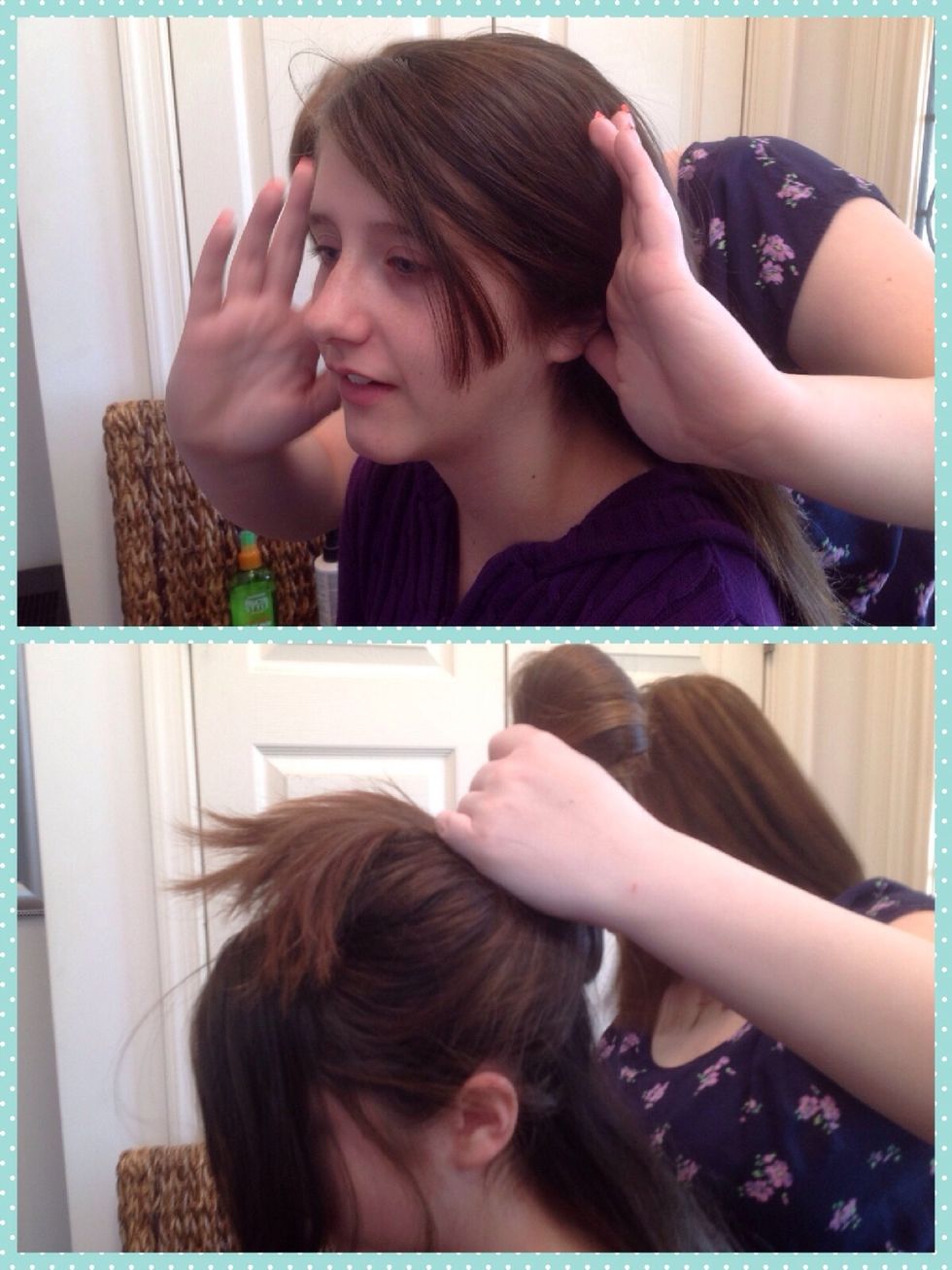 Sectioning the hair: To section Nikki's hair, I started by creating a part right above the ears to create the first section.  Take all the hair above the part and tie it up in a bun.