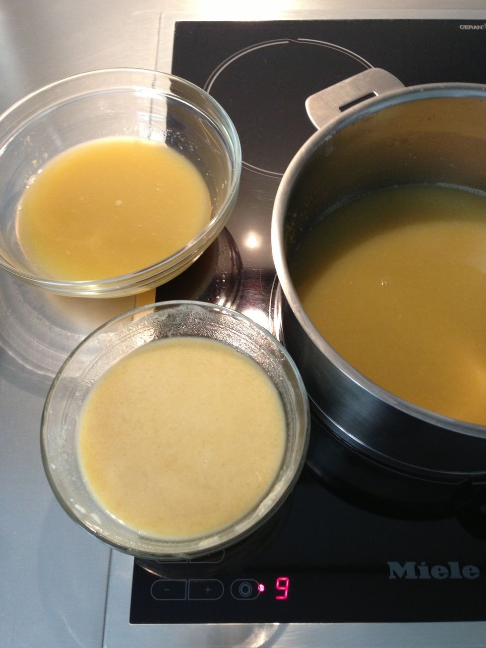 Security measure: I keep a part of the cold juice just in case my pudding curd too much or fast I add some cold juice. And on another ball I put few TBsp of juice mix then add in the pot. Add spices