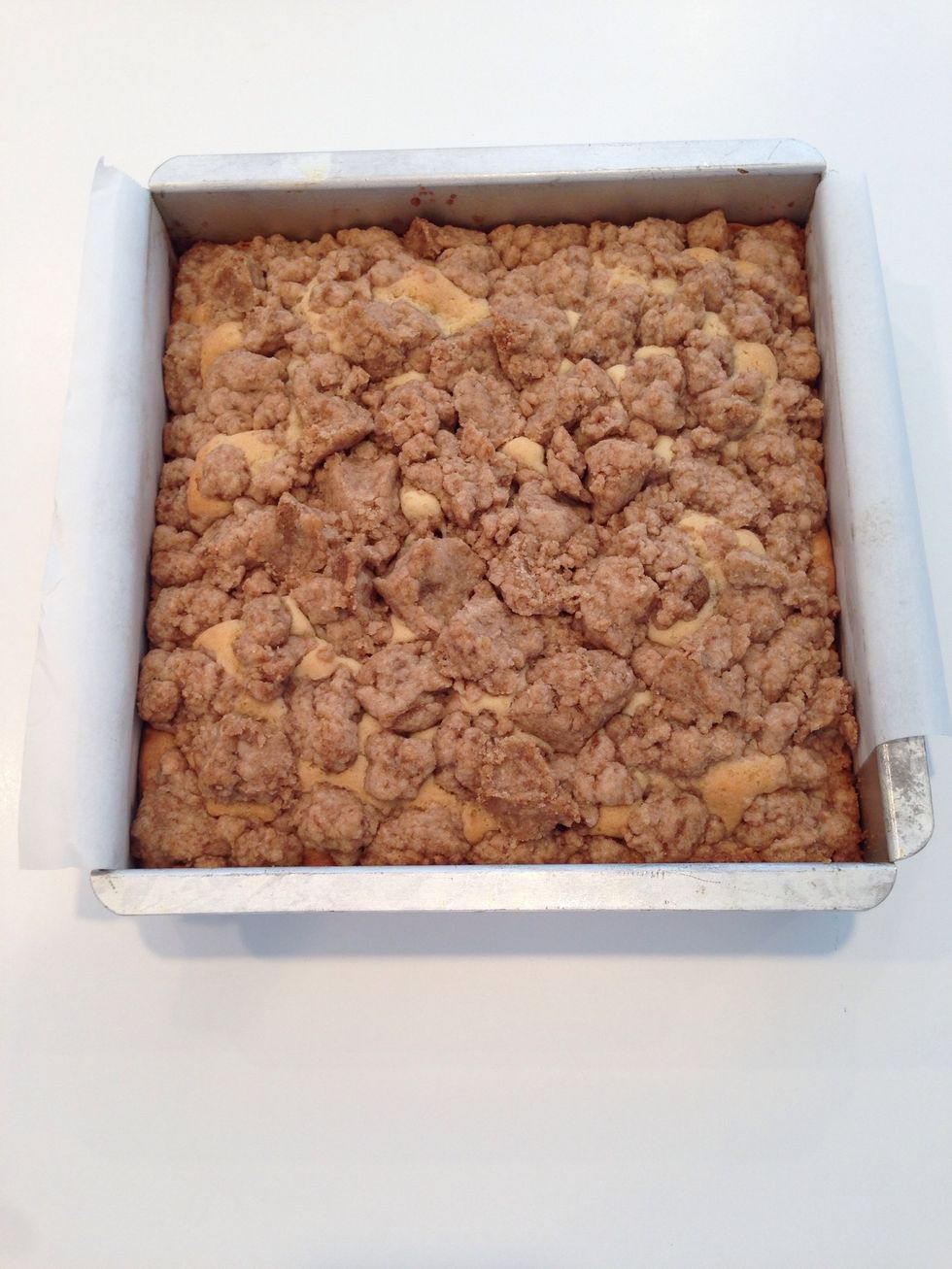 See? All the crumbs are right where you left them. Let it cool until you can touch the pan. Then lift it out, using those nifty parchment handles I showed you.