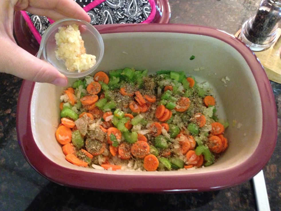 See all those seasonings? Yum! Now add you pressed garlic.