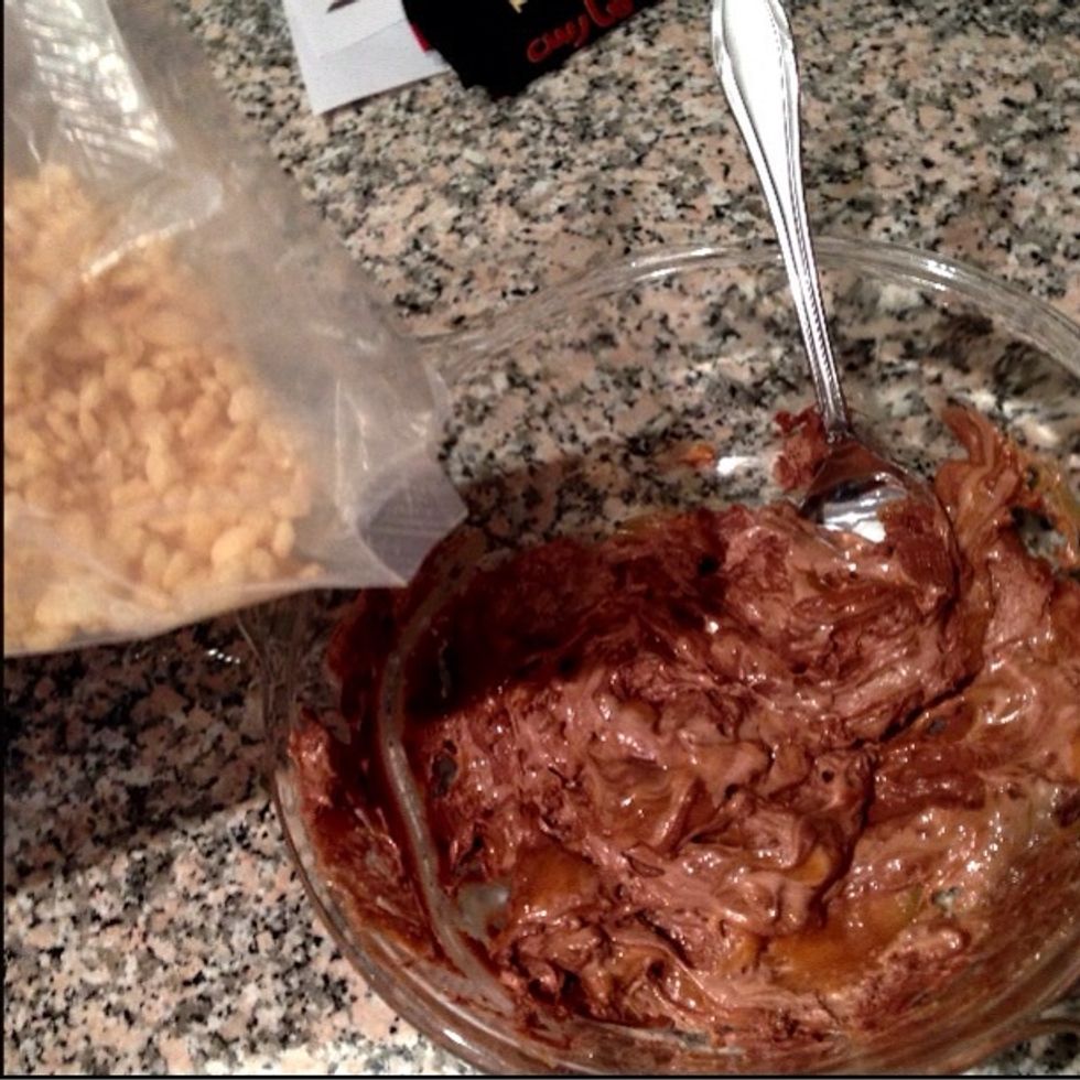 See! Gooey Mess! Once you get a similar result, add in some rice Krispies... Don't add too much, cover just about half of the chocolate and add to suit your preference. Then, start mixing it together.