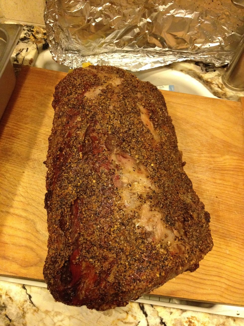 See the crust that's formed?? Nice!! Take prime rib out when internal temp of prime run has reached 120-125 degrees and let sit for at least 30minutes!