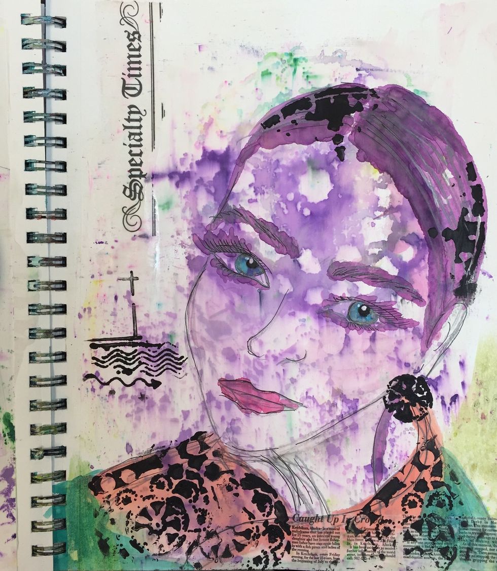 See the hair, it gets an arched definition from the stencil, that one is called Viva la Art by TCW I also glues some newsprint to my background