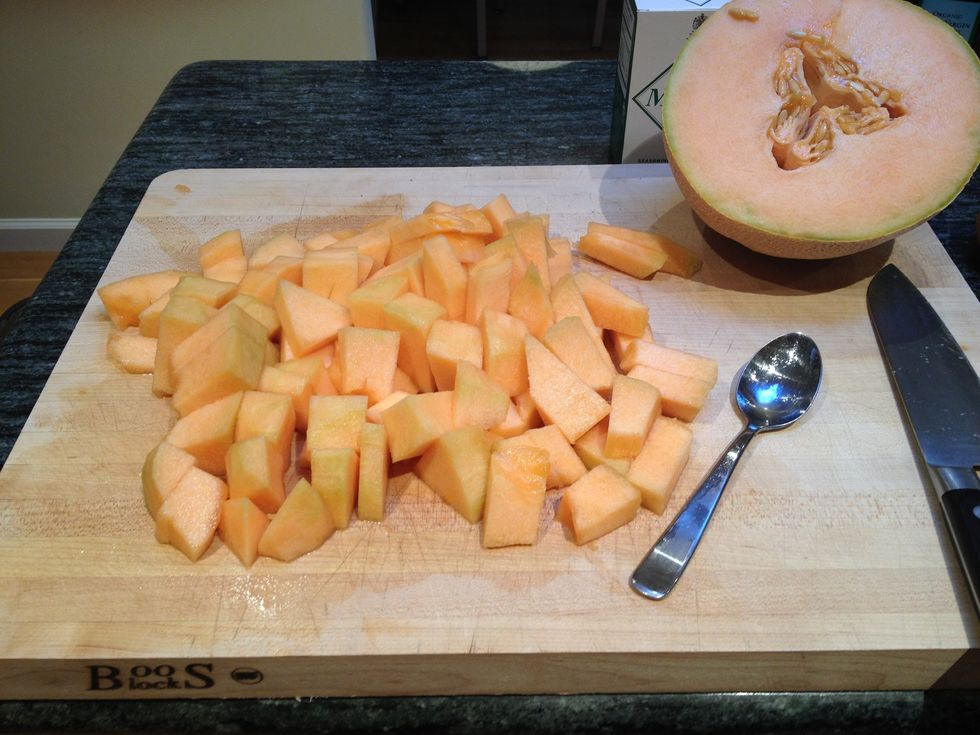 Seed and cut the cantaloupe into chunks. My cantaloupe is very large, so I am only using half.