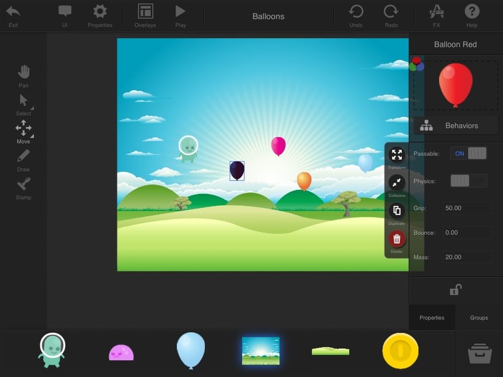 Select a balloon and click its behaviors button.