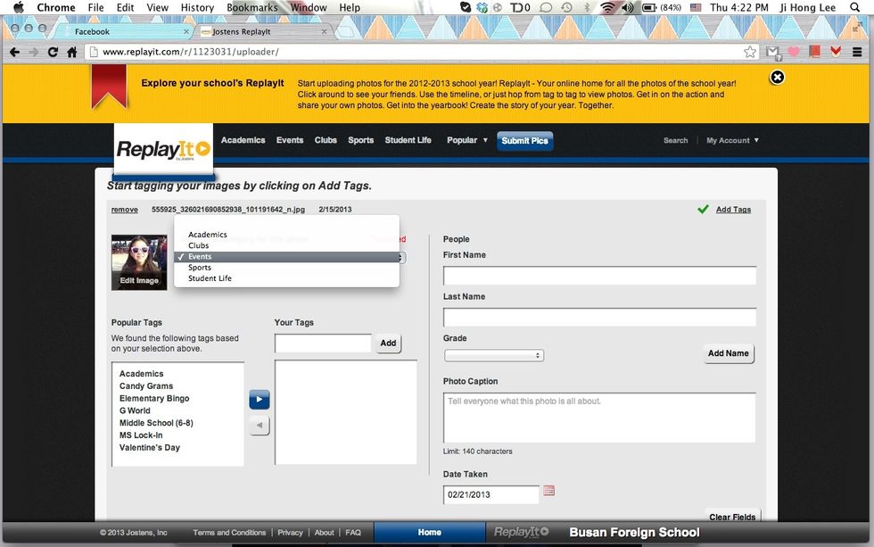 Select a Category and tag.  The tag further describes the category.  For example, MS Lock-in would be a tag under the Event category. Label the people in the photo (if a single or small group shot).