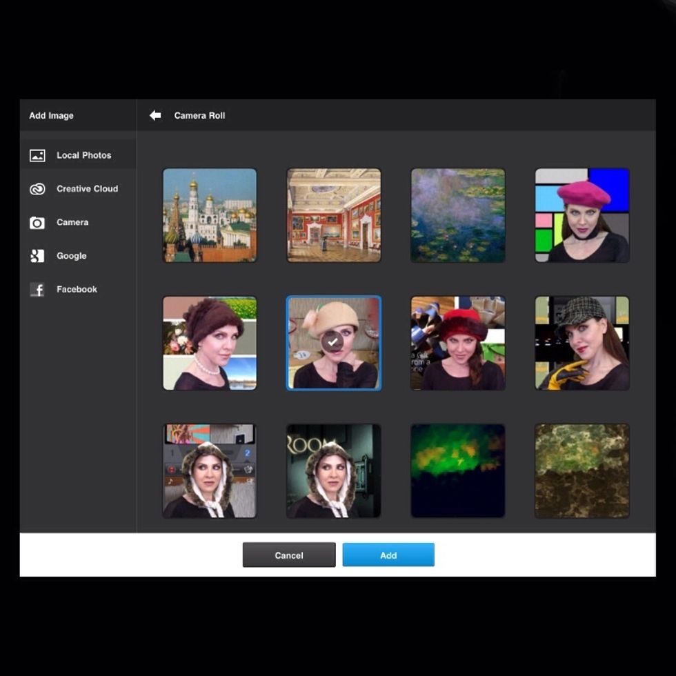 Select a photo from the camera roll, and click "add" (bottom right).