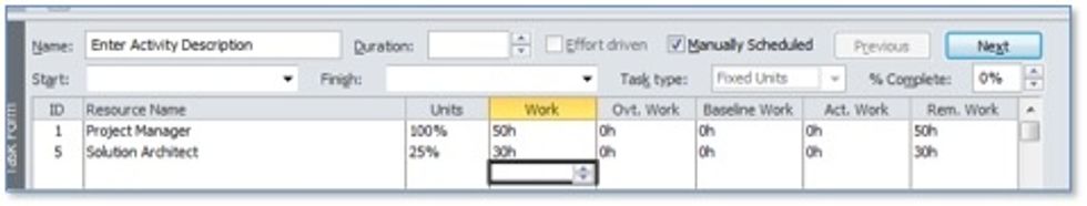 Select a resource by click the Resource drop down menu. Enter the Unit Value (% of time) and then enter the number of hours required in the Work column. Continue adding resources as needed.