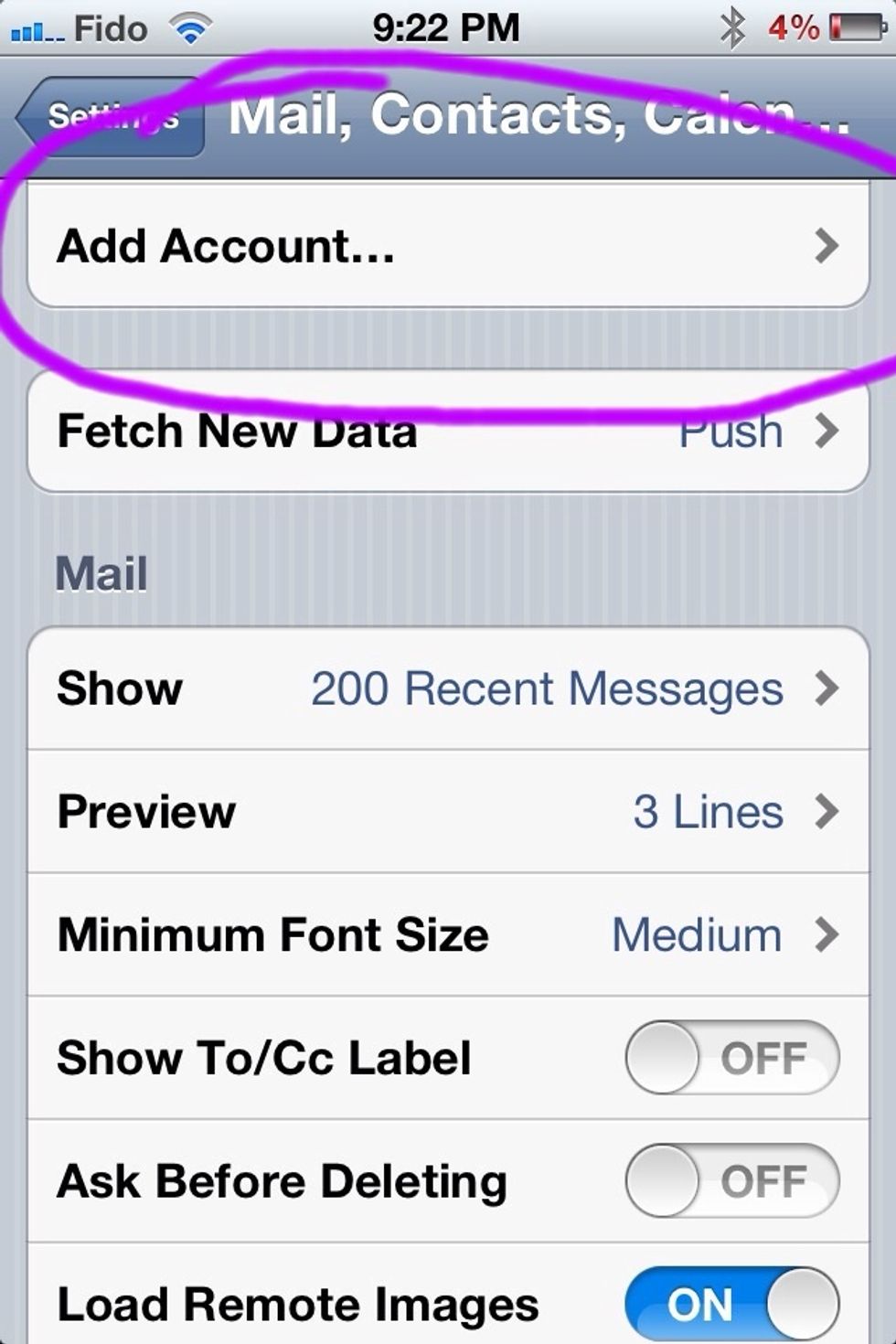 Select 'Add Account' at the top. I suggest you delete your Hotmail/Sympatico account you had previously setup.