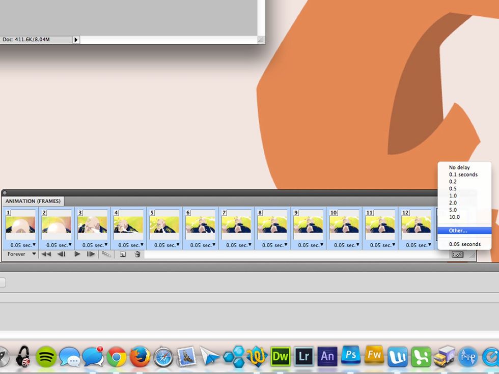 Select all the frames by clicking on the first one , hold shift down, and click the last frame. Now click on the arrow next to "0.05 sec". In the menu select "Other..."