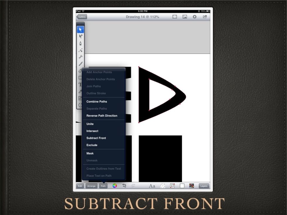 Select BOTH shapes and under PATH choose SUBTRACT FRONT.