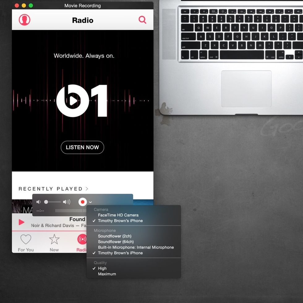 Select drop down menu next to record button and select iPhone from menu.