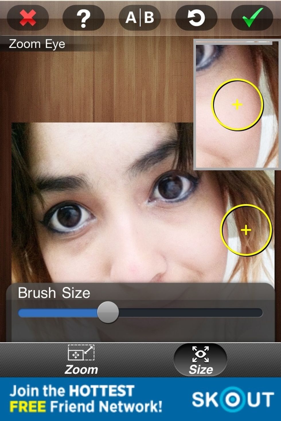 Select eyes pupils to enlarge. Go back and forth doing one after the other so you have an equal size on both sides.