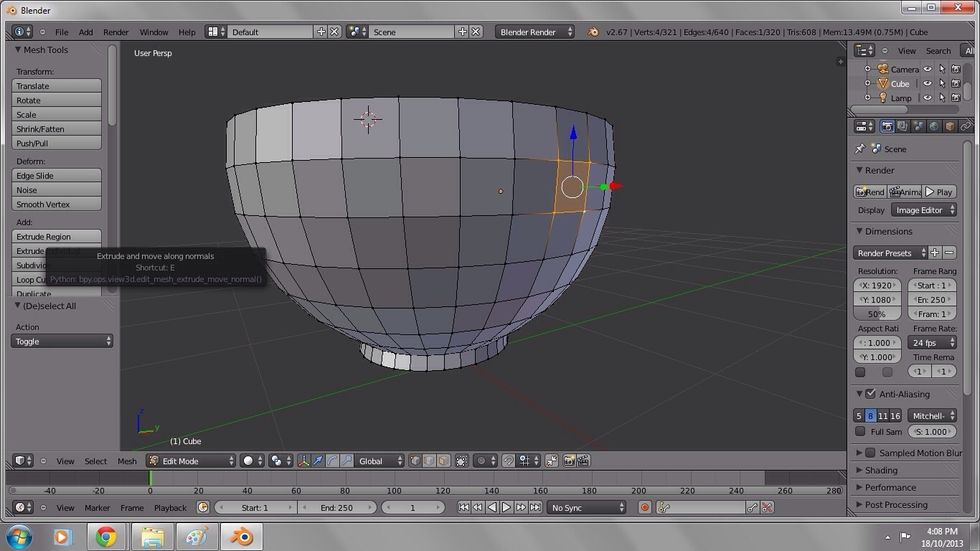 Select four vertices on the side of the cup to become the base of the upper cup handle. You can select multiple vertices with shift left click.