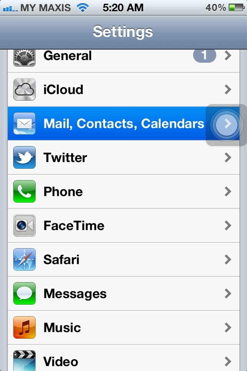 Select "Mail, Contacts, Calanders" as highlighted.