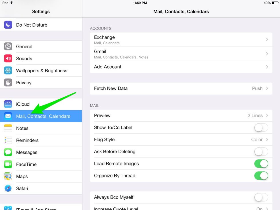 Select Mail, Contacts, Calendars in the left menu