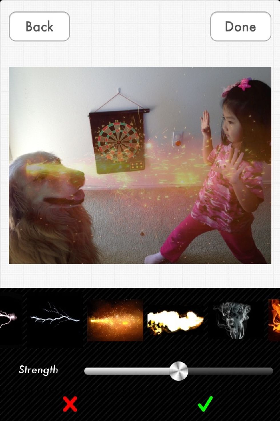 Select one effect from the pack, here I picked a sparking fire beam. The effect may initially in a position, size that not looks great, don't worry we can change it easily later.