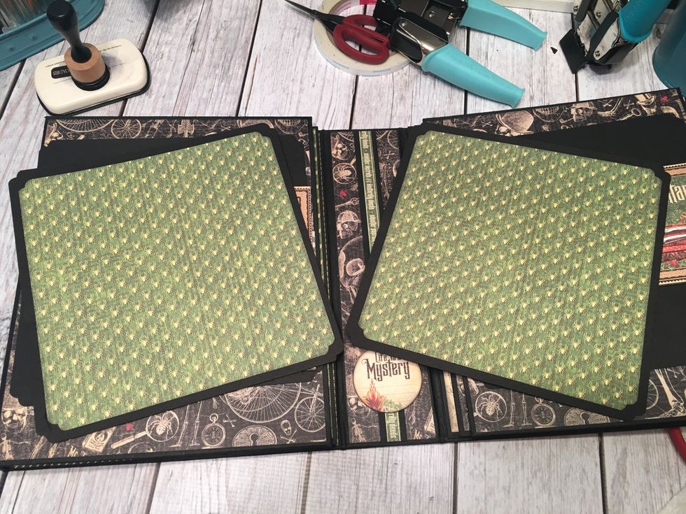 Select patterned paper to cover 2 of the large photo mats that go behind the ribbon belly bands.