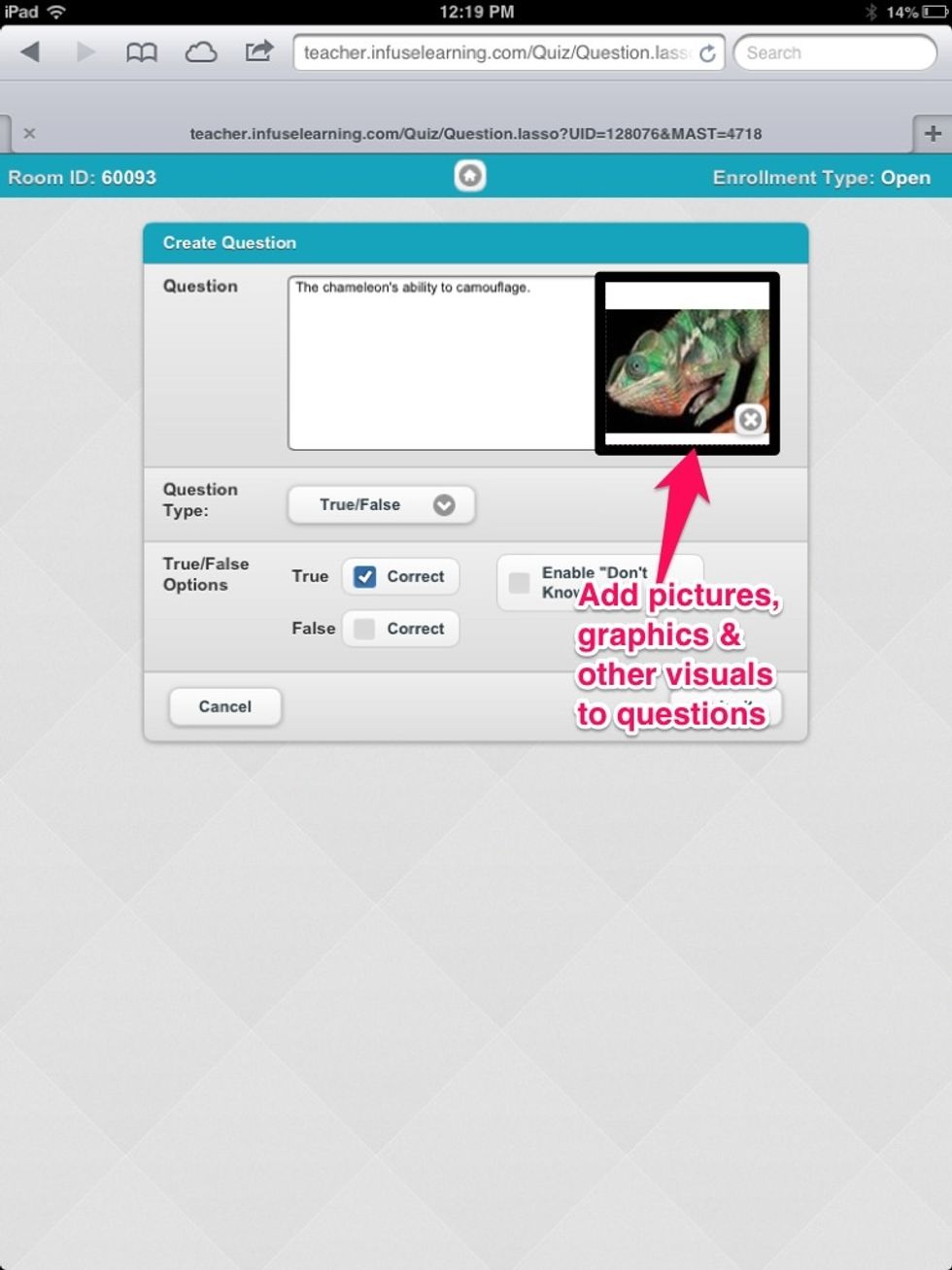 Select question settings & answer choices. If applicable, upload supporting pictures and visuals with the Upload Image option. Select submit to finish adding the question to your quiz.