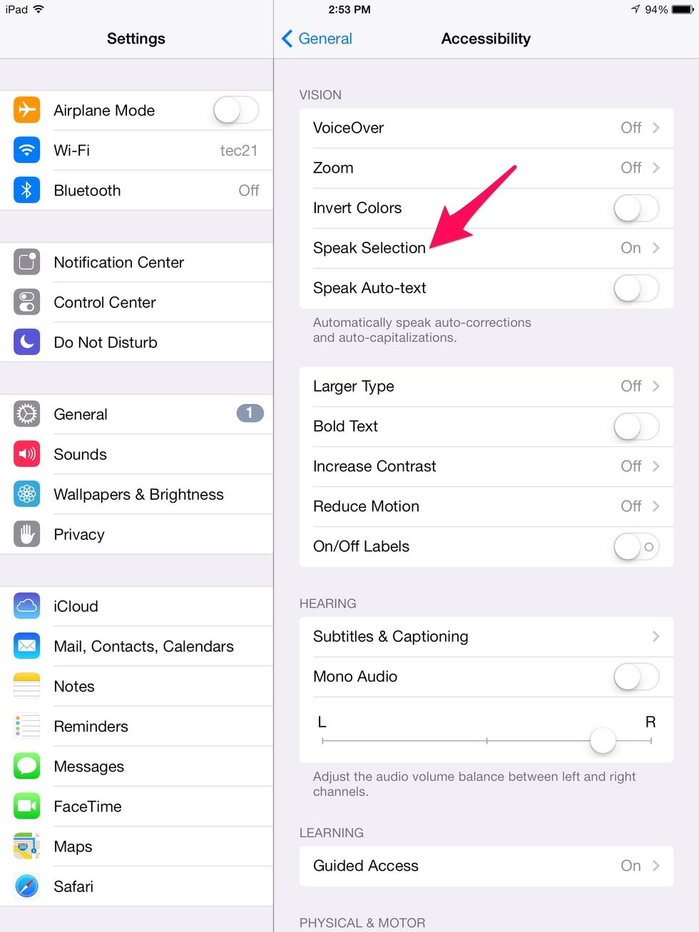 Select "Speak Selection."