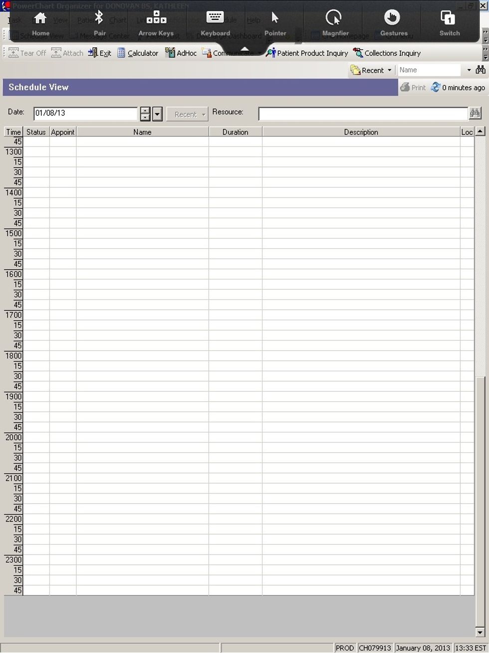 Select the arrows on the top of the screen to access the keyboard and and additional features. Use PowerChart as you normally would from your hospital PC.