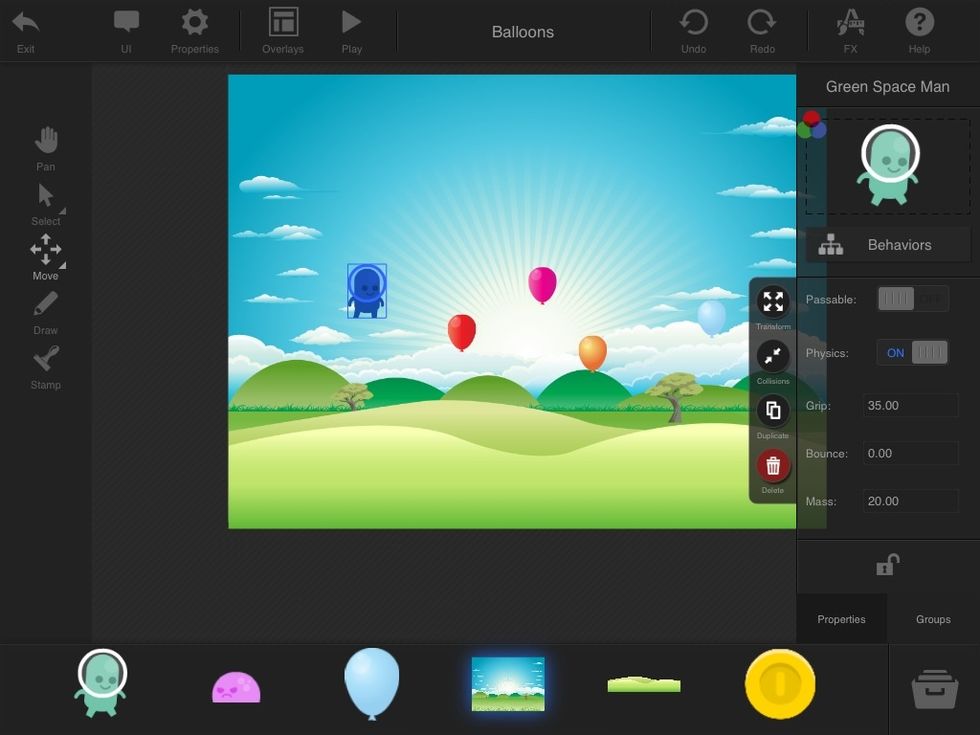 Select the character. A side menu should pop up on the right side of the screen. To give it a behavior tap where it says BEHAVIORS.