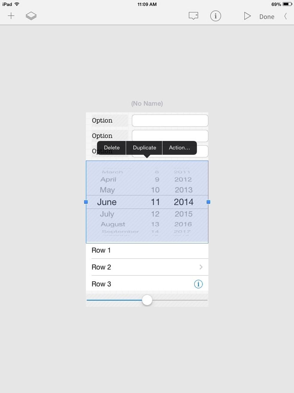 Select the date picker and select "Action" from the menu that pops up. An alternative to this is to select the speech bubble at the top of the screen.