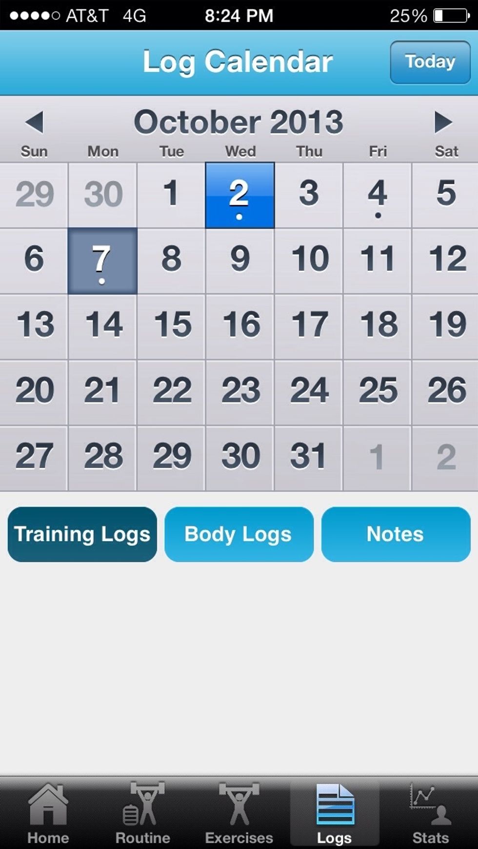 Select the day you would like to track. The days with the dots underneath indicate activity was logged on that day.