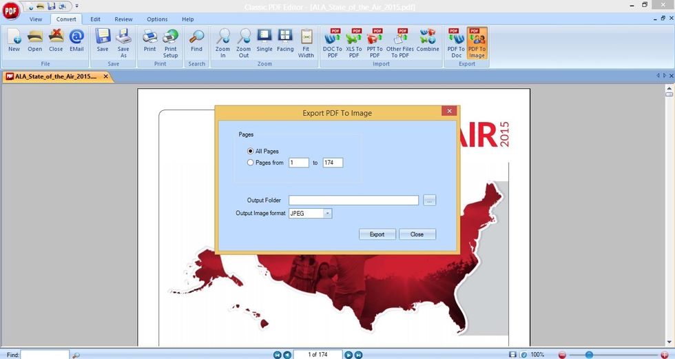 Select the desired page(s) to be converted into an image, your output folder and also your desired image format. Supported image formats are JPEG, PNG, BMP and GIFF. The default format is JPEG.